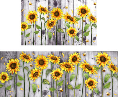 Wood Grain Sunflower Kitchen Rugs and Mats for Floor 2 Piece Sets, Sunflower Kit