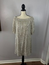 Venus Sequin Mini Dress M Silver Champagne Off Shoulder Party Cocktail Shift