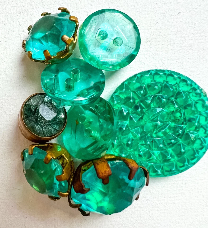 Antique Glass Button Lot Czech Art Deco Vintage Faceted Hobnail Metal Aquamarine - Image 3 of 4