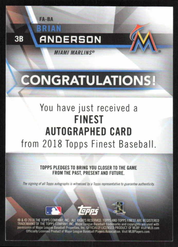2018 Topps Finest Rookie Autographs #FA-BA Brian Anderson Miami Marlins - Image 2 of 2