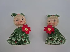 Vintage Holt Howard Christmas Girls Salt & Pepper Shakers With Plugs