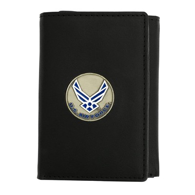 Licensed US Air Force Medallion Genuine Leather Wallet - Trifold Black