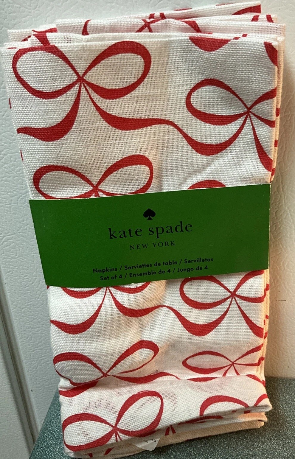 Set 6 Kate Spade Cotton Dinner Napkins Red Bows On White Elegant Christmas - New