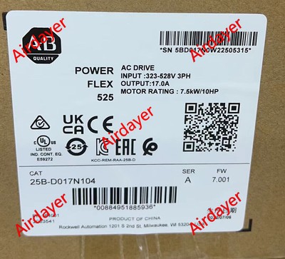 2022 NEW Sealed Allen-Bradley 25B-D017N104 PowerFlex 525 AC Drive 7.5kw/10HP 17A