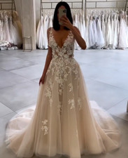 Champagne Bohemian Wedding Dresses V Neck A Line Court Train Lace Bridal Gowns