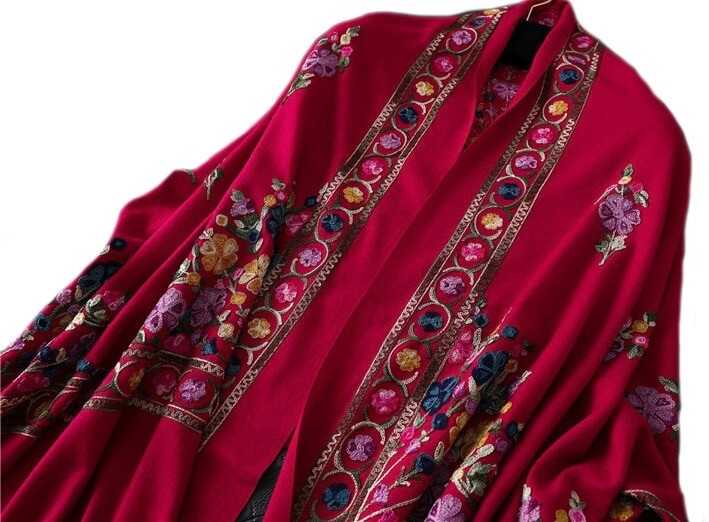 Grand Châle Pashmina Cachemire Brodé Bordeaux - 200x70 Cm, Franges, Fabriqué En Inde
