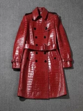 Men's Alligator Embossed texture genuine Red Biker Leather Long Ankle Coat Mens 