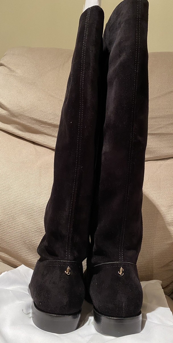 JIMMY CHOO Bree Flat High Boot 37.5/7,ITALY,Black Suede,LOGO,Knee 