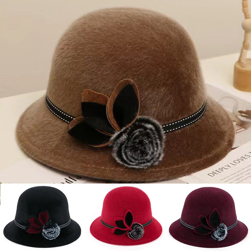 Vintage Women Imitation Wool Flower Felt Hat Winter Cloche  display picture 2