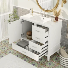 36" Bathroom Vanity w/Ceramic Sink,Freestanding Vanity Storage Cabinet,3 Drawers