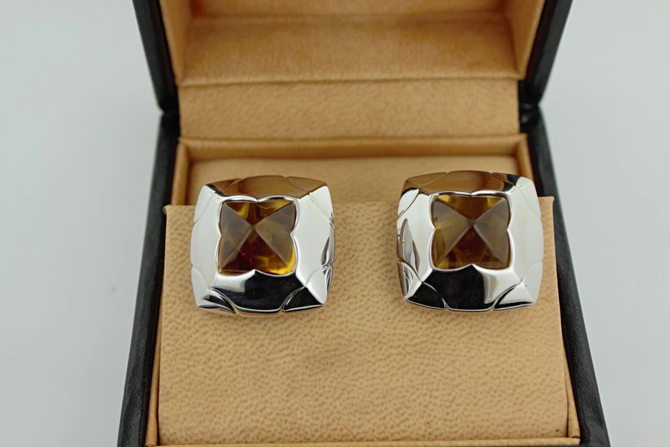 Vintage BVLGARI Pyramid 18k White Gold & Citrine Clip On Earrings - Image 4 of 4
