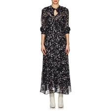 ISABEL MARANT Navy Gold Metallic Floral Print Fil Coupe Silk Maxi Dress 40 = 8 M