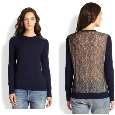 EQUIPMENT Designer Pullover Pullover marineblau feine Wolle + Spitze Seide hinten Rundhals Large J