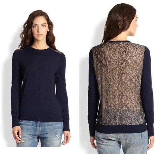 EQUIPMENT Designer Navy Fine Wool + Lace Silk Back Crew Jumper Sweater
