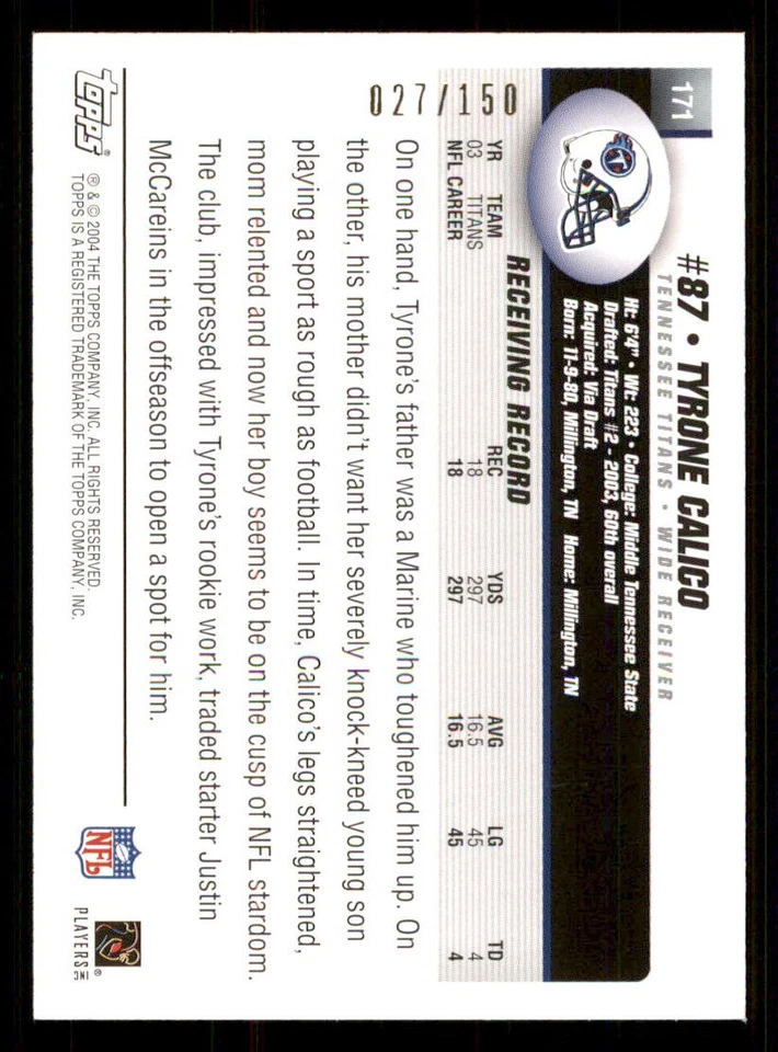 2004 Topps Black #171 Tyrone Calico /150 - Image 2 of 2