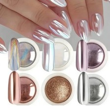 6pcs Chrome Mirror Nail Powder Pigment Gold Silver Holographic Aurora Metallic