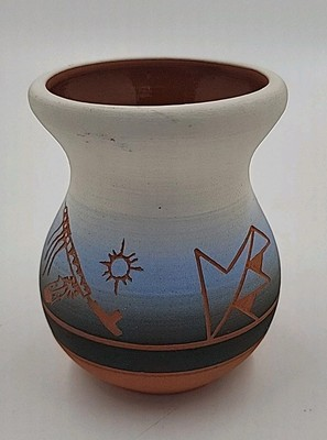 #ad Native American Sioux Pottery Vase Multicolored Clay Singed Rod Dismounts Thrice $7.49