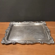 Vtg Silver Plated Ornate Serving Tray 14" Floral Scroll Engraved Rectangular