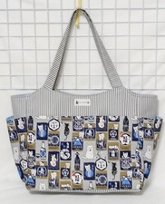 Handmade cat patterned tote bag denim gray fabric featuring a side pocket