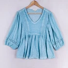 Farmers Market Babydoll Top Women PXL Aqua Blue Crochet Lace Flowy Boho Feminine