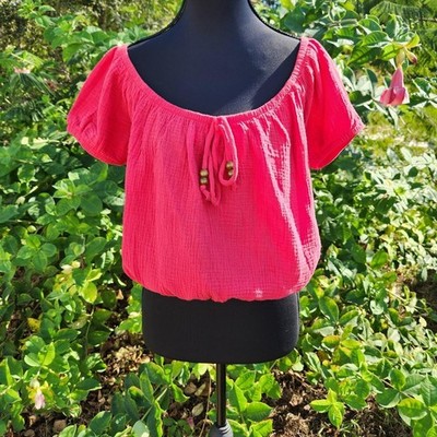 Almost Famous Off The Shoulder Croptop Boho Shirt With Beaded Ties Size L NWT