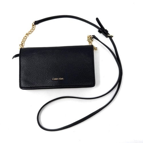 Calvin Klein Black Pebbled Leather Wallet Crossbody Bag Gold Chain Strap