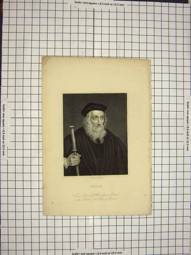Original Old Antique Print Ref.549 C1790-C1900 Portrait Wiclif Engraving White