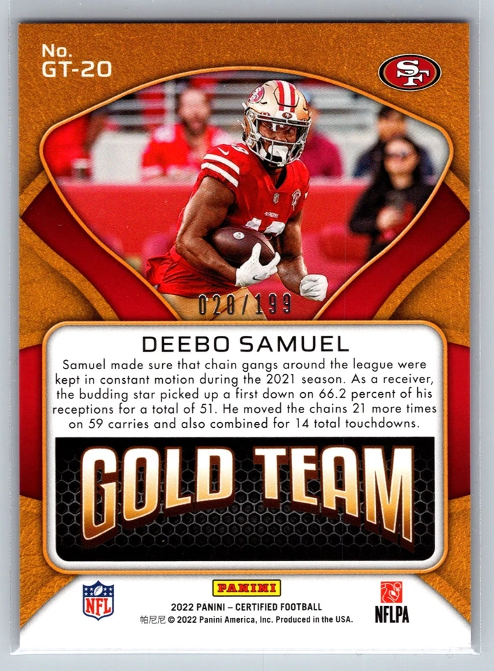 2022 Panini Certified Gold Team #GT-20 Deebo Samuel Pink 49ers 020/199 - Image 2 of 2