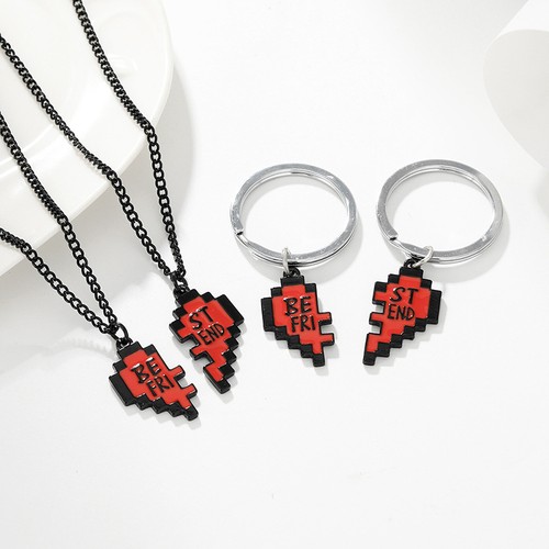 1Pair Catoon Pixel Heart Puzzle Pendant Necklace Keychain Ornament Jewelry Gift - Picture 2 of 13