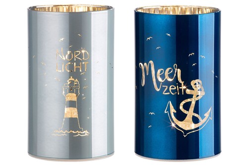 2er Set LED Tischlampen Leuchtturm + Anker mit Schriftzug aus Glas H. 19cm Gilde