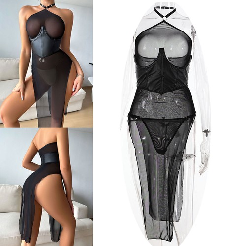 DE Damen Sexy Kleid Netzkleid Midi Nachtkleid Schlitz Tanga Erotisch Nachtwäsche - Picture 3 of 20