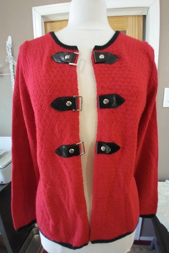 Sweater Cable Gauge M Long Sleeve Snap Red Black Faux Leather Trim - Picture 5 of 13