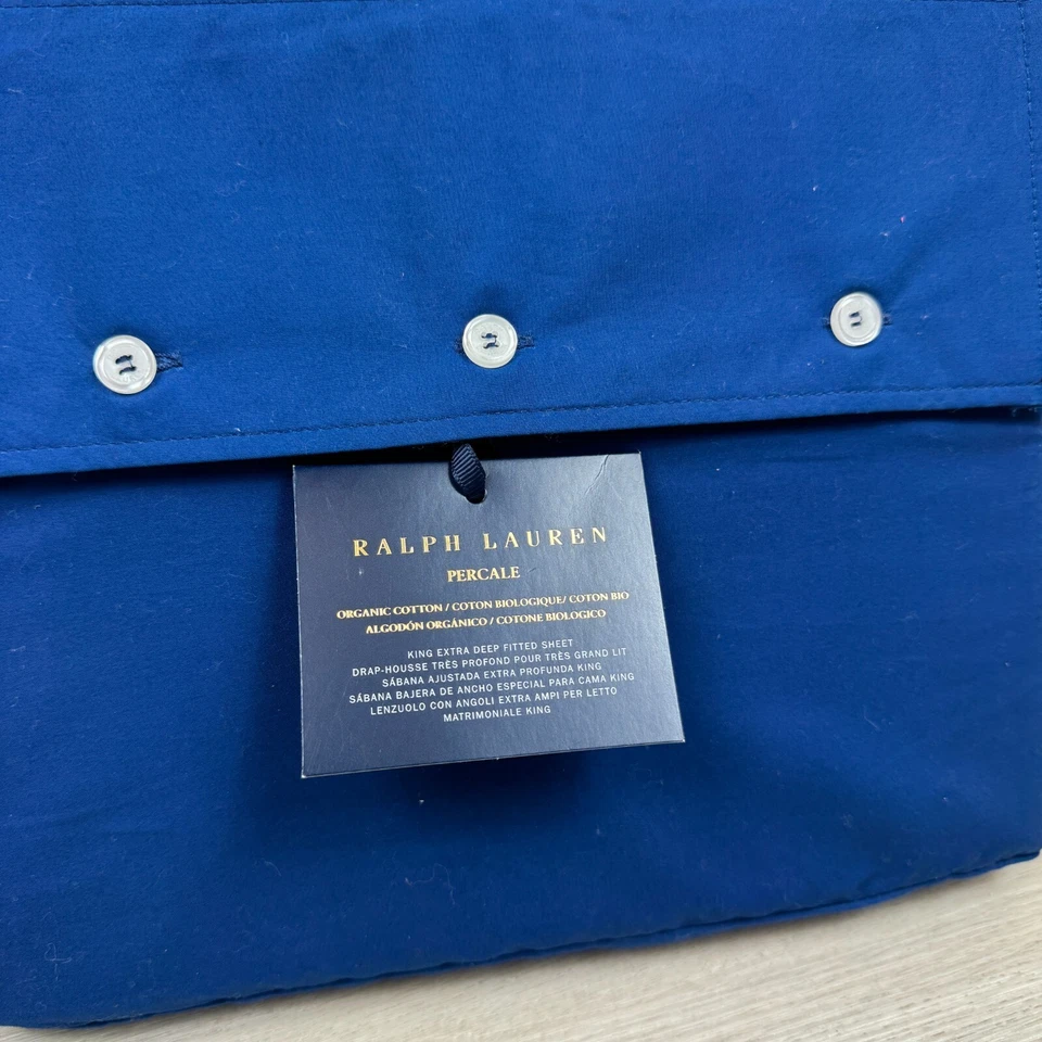 Ralph Lauren Percale Cotton King Flat Sheet and Extra Deep Fitted Sheet Set Blue - Image 4 of 4