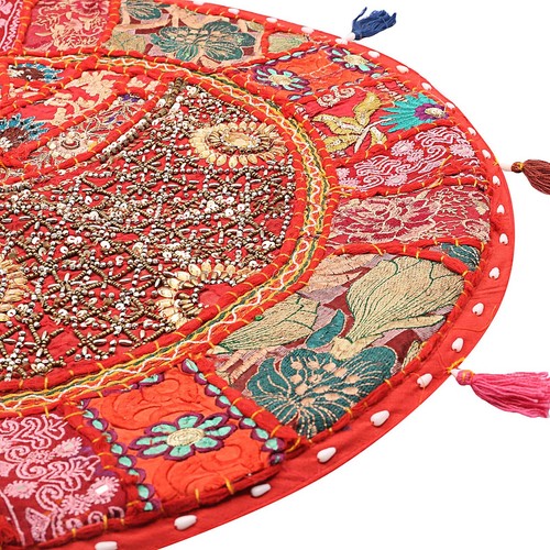 Patchwork Vintage Floor Pillows 22 in Round Art Medium Red Floor Cushions Case - Picture 4 of 6