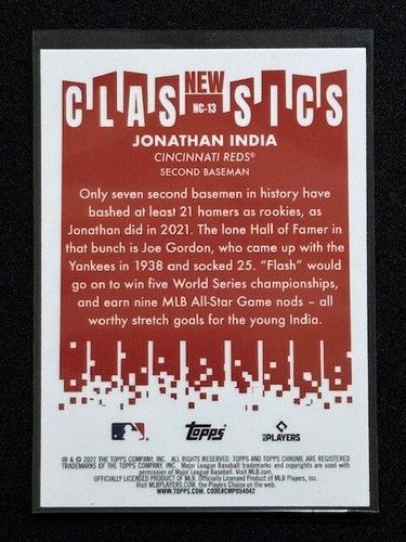 2022 Topps Chrome - New Classics Jonathan India #NC-13 Cincinnati REDS - Picture 4 of 4