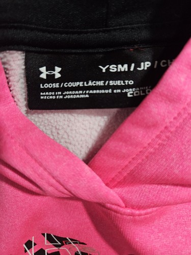Youth S - UNDER ARMOUR Hot Pink Hooded Sweatshirt, Black Heart Logo, Pocket - Picture 6 of 7