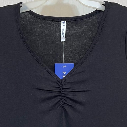 Sz S Small NWT PIPHANY Womens Long Sleeve V Neck Stretchy Black Blouse Top Shirt - Picture 2 of 8