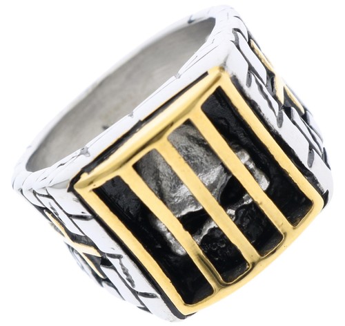 Skull Behind Bars Cross Gold Overlay stainless steel mens ring size 12 H6885 T64 - Picture 2 of 7