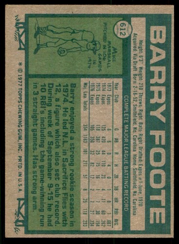 1977 Topps Barry Foote A Baseball Cards #612 - Picture 2 of 2