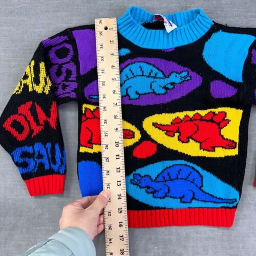 VTG Dinosaur Sweater 3T-4T Knit Color Block Crewneck Pullover J.J.POOLE USA made - Picture 5 of 6