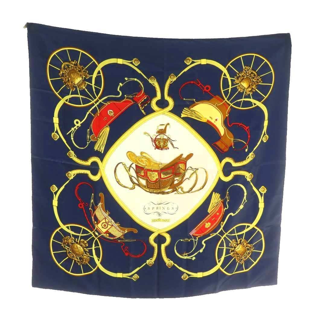 HERMES Carre 90 Springs SPRINGS Scarf Silk Large Carriage Logo Navy Blue XZ OH