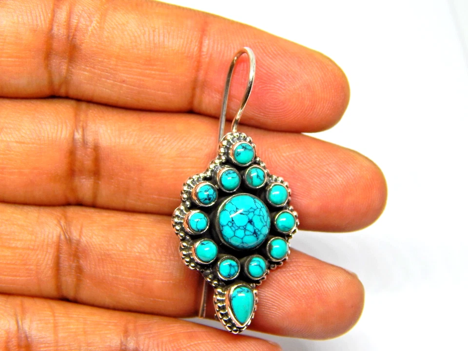 Natural Turquoise Flower Earring 925 Sterling Silver, Wedding Earring, Gift Item - Image 3 of 4
