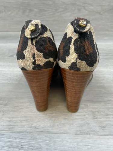 Stuart Weitzman Women's Heel Pump Wedge Peep Toe Canvas 7 Beige Leopard Shoes - Picture 4 of 12
