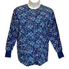 Landau Scrub Jacket Women's Size Medium Blue Floral Print Long Sleeve Snap-Up