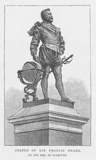 PLYMOUTH Statue of Sir Francis Drake on the Hoe at Plymouth - Antique Print 1888