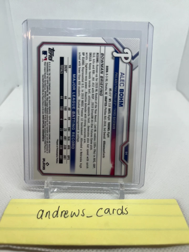 Alec Bohm  - 2021 Bowman Chrome Sapphire - Rookie RC Orange 24/75 Phillies - Image 2 of 2