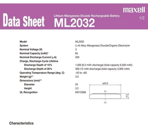 Maxell ML2032 Rechargeable Button Battery 3v 65mAh Lithium Batteries / Charger A - Picture 5 of 23