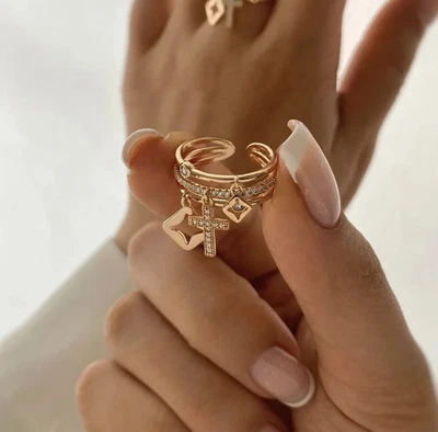 Gold Tone Textured Hollow Sun Ring Women Natural Stone Modern Wide Band Jewelry - Image 1 of 4
