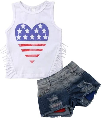 XFGLCK Toddler Kids Girl 4th of July Outfit American Flag Top Shirt +Short Pant - Image 1 of 4