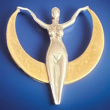 Deva Designs Sterling Silver & Bronze Crescent Moon Goddess Pendant 1.5” HTF!